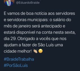 São Luís/MA – Prefeito Eduardo Braide anuncia antecipação do pagamento dos servidores
