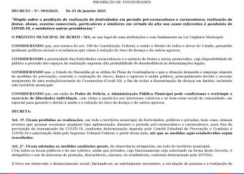 BURITI/MA – PREFEITO ARNALDO CARDOSO (PL) BAIXA DECRETO PROIBINDO FESTAS DURANTE O PERÍODO DE CARNAVAL, ALÉM DE REDUÇÃO NO HORÁRIO DE FUNCIONAMENTO DE BARES
