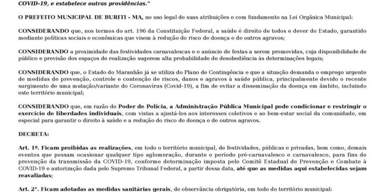 BURITI/MA – PREFEITO ARNALDO CARDOSO (PL) BAIXA DECRETO PROIBINDO FESTAS DURANTE O PERÍODO DE CARNAVAL, ALÉM DE REDUÇÃO NO HORÁRIO DE FUNCIONAMENTO DE BARES