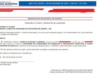 BURITI/MA – PREFEITO NOMEIA OCUPANTE DA ASSESSORIA DE PROJETOS E PROGRAMAS ESPECIAIS E AÇÕES ESTRATÉGICAS DO MUNICÍPIO