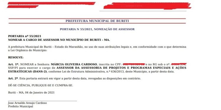 BURITI/MA – PREFEITO NOMEIA OCUPANTE DA ASSESSORIA DE PROJETOS E PROGRAMAS ESPECIAIS E AÇÕES ESTRATÉGICAS DO MUNICÍPIO