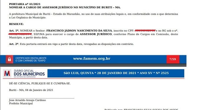 BURITI/MA – PREFEITO NOMEIA ASSESSOR JURÍDICO DO MUNICÍPIO