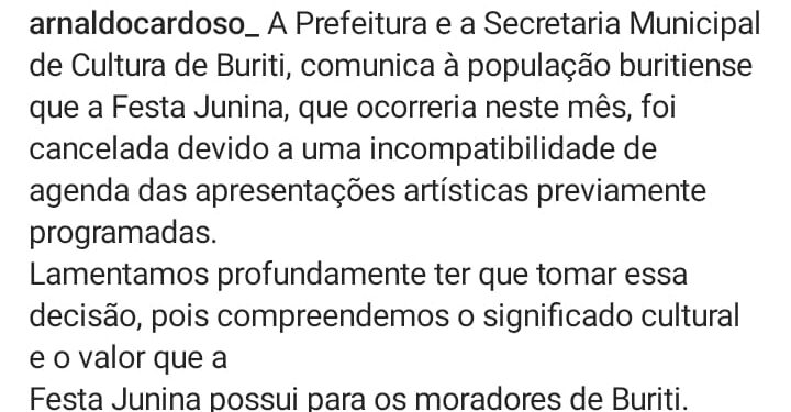 BURITI/MA – CANCELAMENTO DA FESTA JUNINA