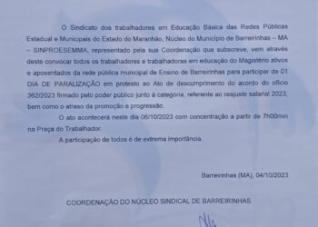 Barrerinhas/MA – Prefeitura  não cumpre acordo salarial e educadores paralisam atividades