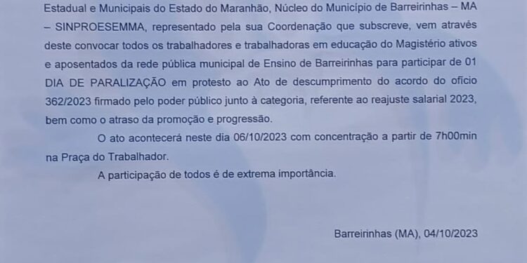 Barrerinhas/MA – Prefeitura  não cumpre acordo salarial e educadores paralisam atividades
