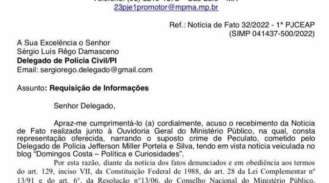 São Luís/MA – Avança a investigação do Ministério Público do MA contra Jefferson Portela por peculato